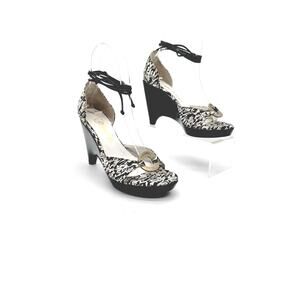 Chanel Black White Canvas Platform Wedge Ankle Tie Sandals CC Logo EU 35.5